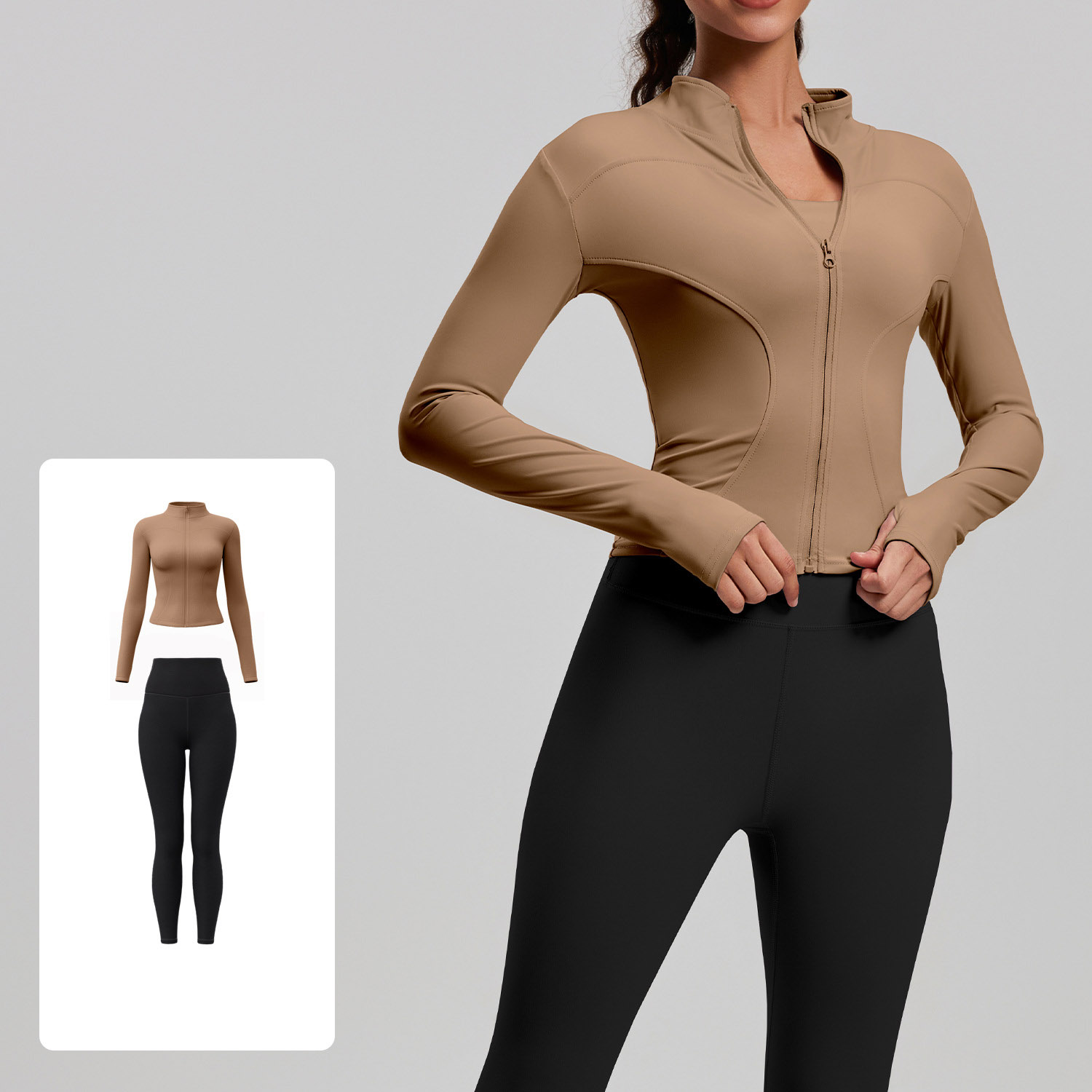 Women Zip Up Long Sleeve Yoga Two Piece Set Top 10 Colors Pants 10 Colors, Stand Collar Slim Fit Jacket + High Waist Tight Fitness Leggings, YFMTWT01+YFMT20