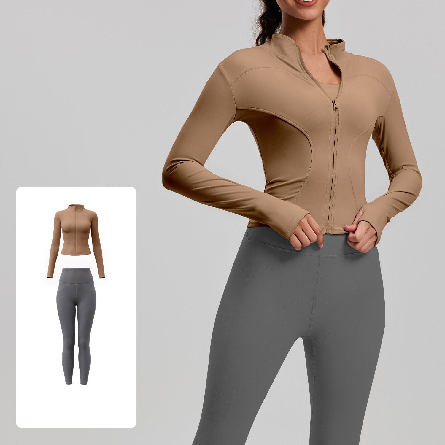 Women Zip Up Long Sleeve Yoga Two Piece Set Top 10 Colors Pants 10 Colors, Stand Collar Slim Fit Jacket + High Waist Tight Fitness Leggings, YFMTWT01+YFMT20