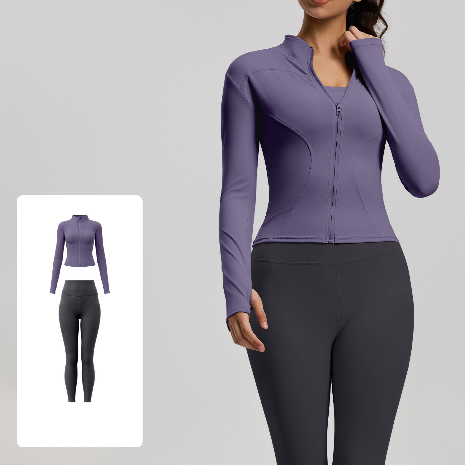 Women Zip Up Long Sleeve Yoga Two Piece Set Top 10 Colors Pants 10 Colors, Stand Collar Slim Fit Jacket + High Waist Tight Fitness Leggings, YFMTWT01+YFMT20
