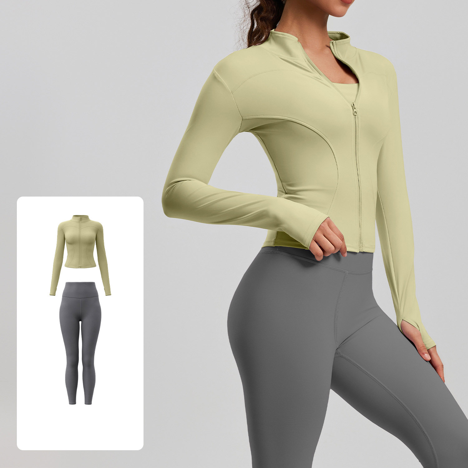 Women Zip Up Long Sleeve Yoga Two Piece Set Top 10 Colors Pants 10 Colors, Stand Collar Slim Fit Jacket + High Waist Tight Fitness Leggings, YFMTWT01+YFMT20