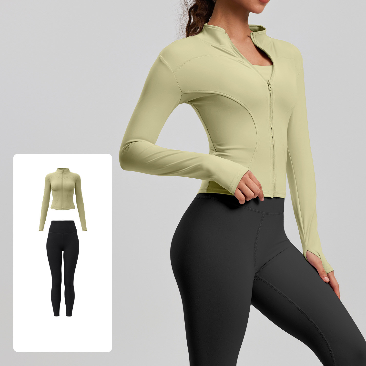 Women Zip Up Long Sleeve Yoga Two Piece Set Top 10 Colors Pants 10 Colors, Stand Collar Slim Fit Jacket + High Waist Tight Fitness Leggings, YFMTWT01+YFMT20