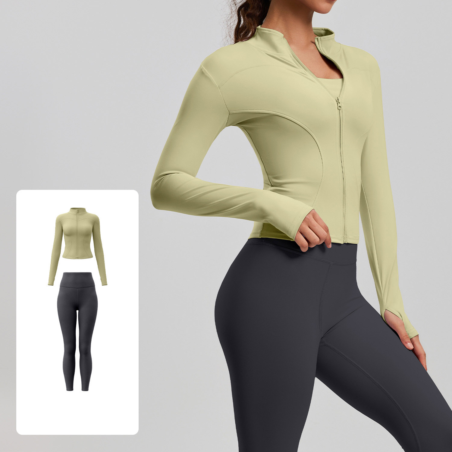 Women Zip Up Long Sleeve Yoga Two Piece Set Top 10 Colors Pants 10 Colors, Stand Collar Slim Fit Jacket + High Waist Tight Fitness Leggings, YFMTWT01+YFMT20