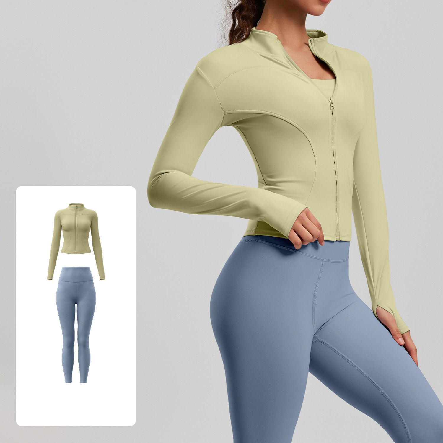 Women Zip Up Long Sleeve Yoga Two Piece Set Top 10 Colors Pants 10 Colors, Stand Collar Slim Fit Jacket + High Waist Tight Fitness Leggings, YFMTWT01+YFMT20