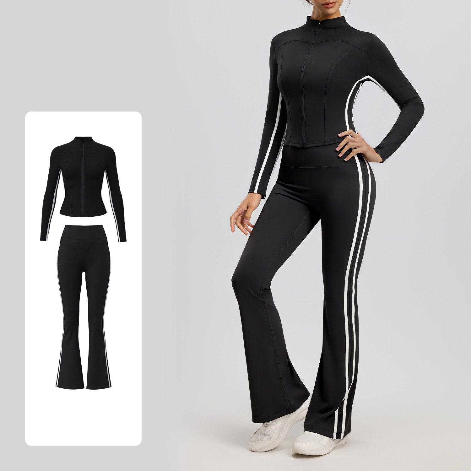 Naked Soft Fitness Two Piece Set, Side Stripe Zip Up Long Sleeve Training Outfit Top 4 Colors Pants 4 Colors, Tummy Control High Waist Integrated Sport Suit, YFJYMW189+YFJYMK148