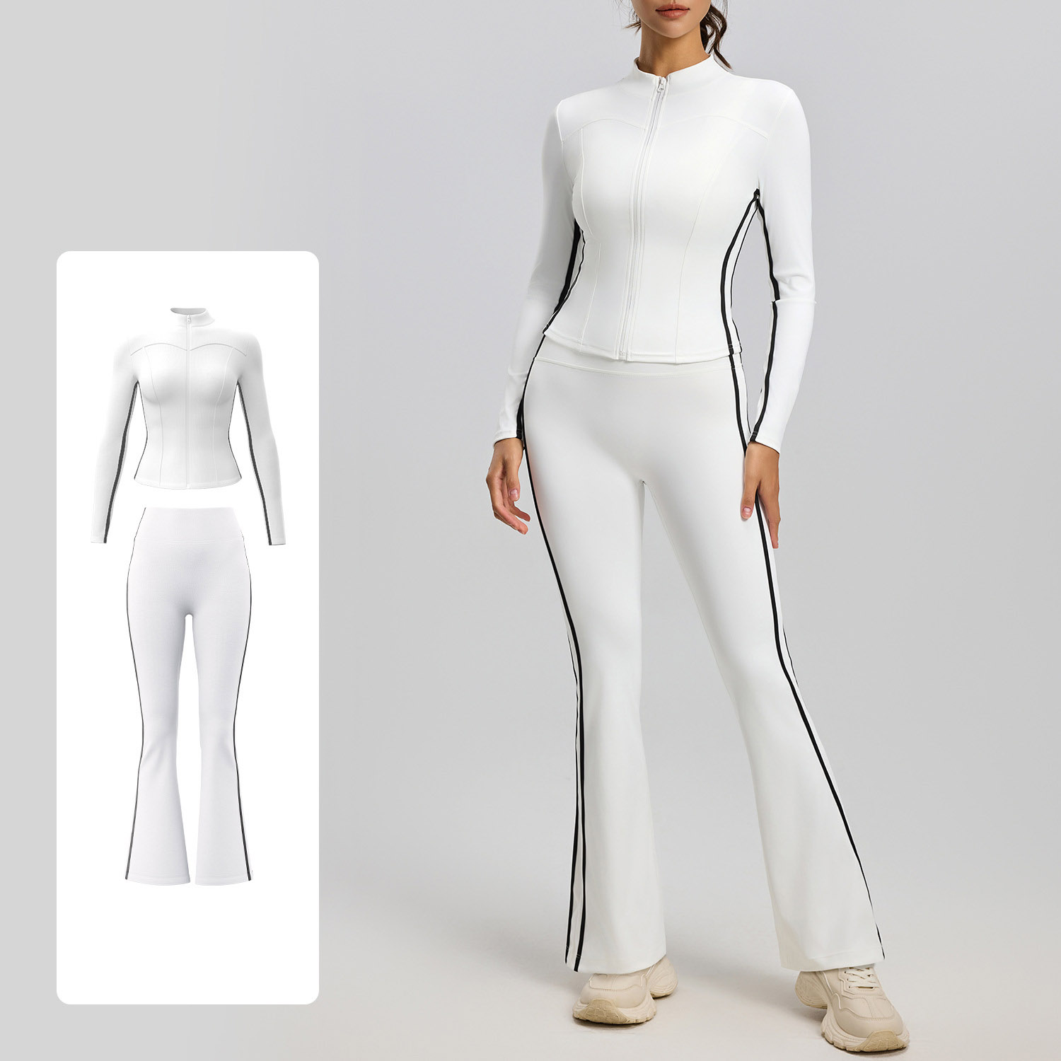 Naked Soft Fitness Two Piece Set, Side Stripe Zip Up Long Sleeve Training Outfit Top 4 Colors Pants 4 Colors, Tummy Control High Waist Integrated Sport Suit, YFJYMW189+YFJYMK148