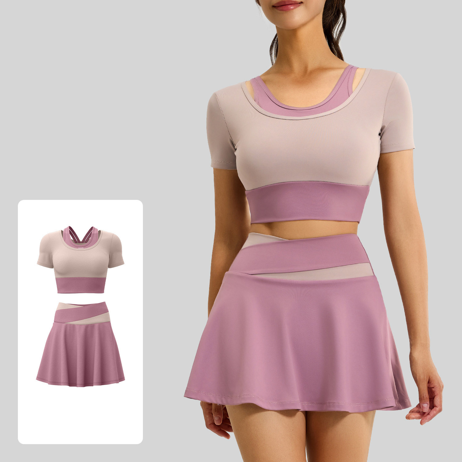 Daily Casual Matching Sport Set, Fake Two Layer Short Sleeve Tennis Skirt Two Piece Suit Top 4 Colors Skirt 4 Colors, Slim Fit Yoga Athleisure Outfit, YFJYMD035+YFJYMQ005