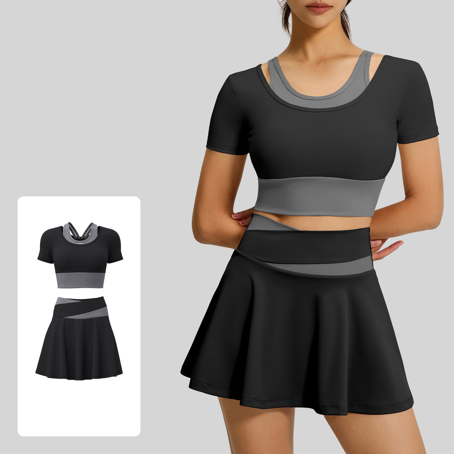 Daily Casual Matching Sport Set, Fake Two Layer Short Sleeve Tennis Skirt Two Piece Suit Top 4 Colors Skirt 4 Colors, Slim Fit Yoga Athleisure Outfit, YFJYMD035+YFJYMQ005