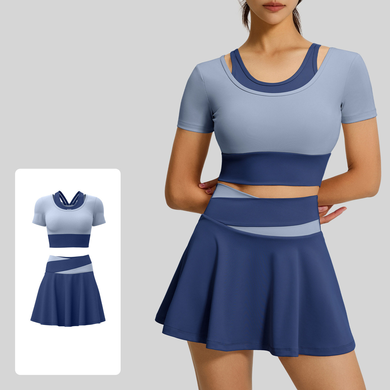 Daily Casual Matching Sport Set, Fake Two Layer Short Sleeve Tennis Skirt Two Piece Suit Top 4 Colors Skirt 4 Colors, Slim Fit Yoga Athleisure Outfit, YFJYMD035+YFJYMQ005