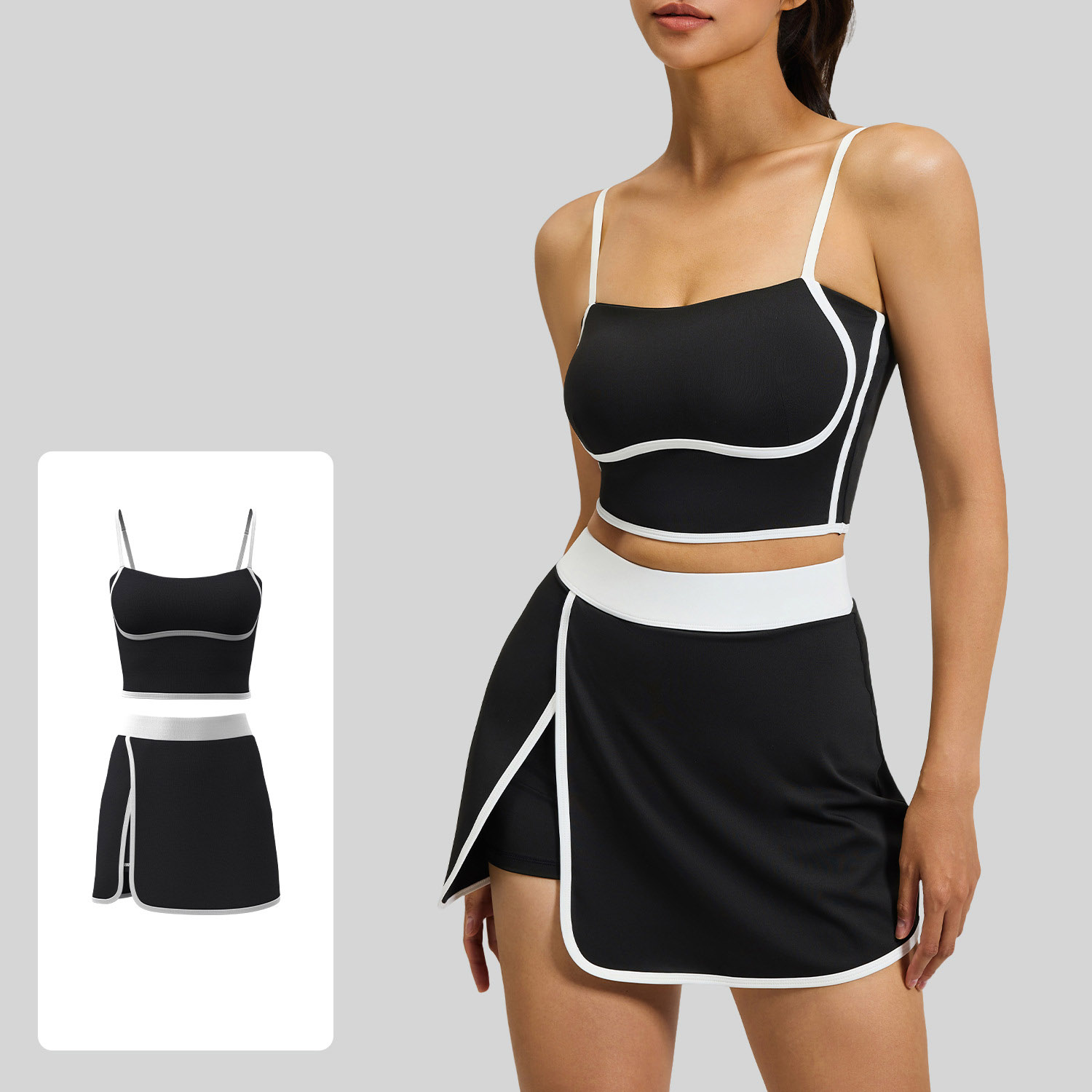Women Contrast Trim Cami Yoga 2Pcs Set Top 4 Colors Tennis Skirt 4 Colors, YFJYMN180+YFJYMQ069