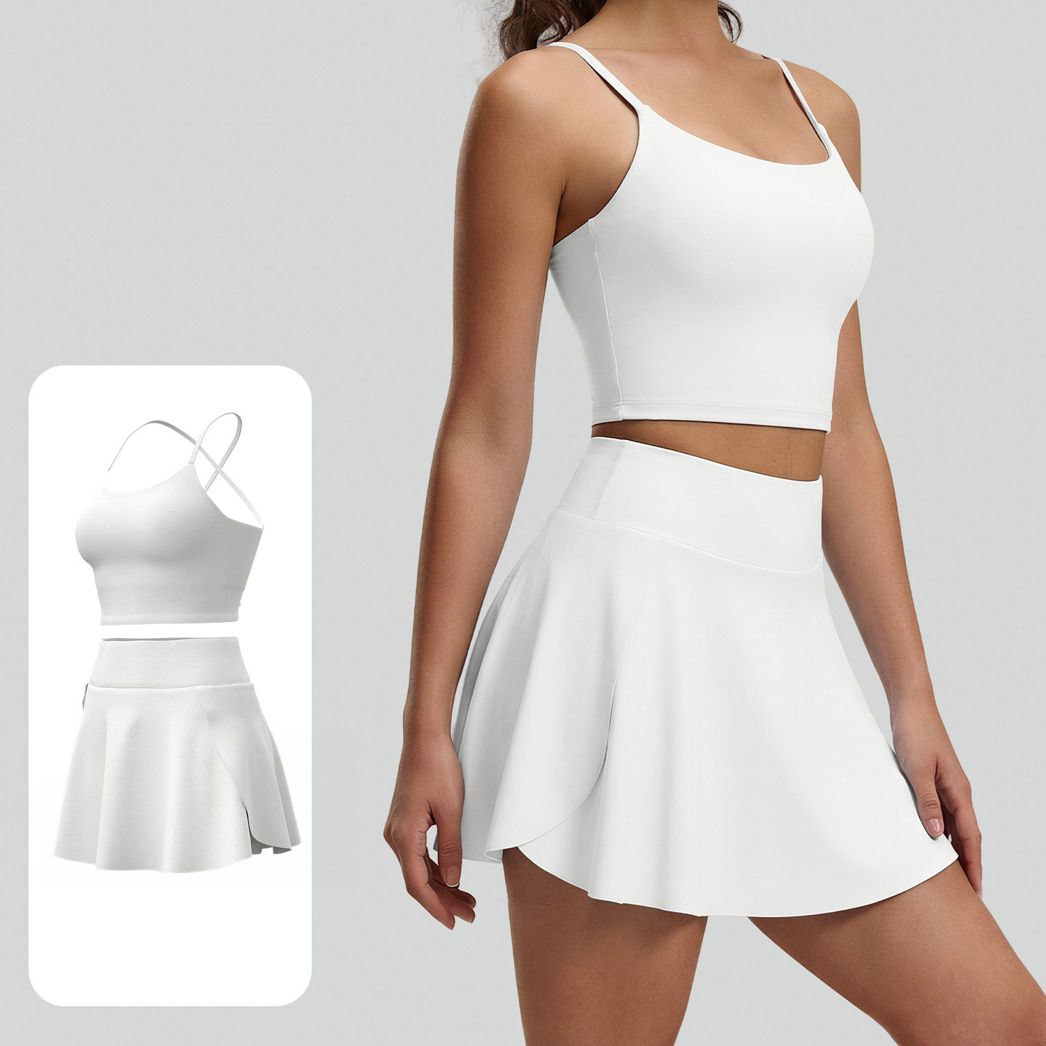 Women Crisscross Back Cami Yoga 2Pcs Set Top 5 Colors Tennis Skirt 5 Colors, YFJYMN236+YFJYMQ089