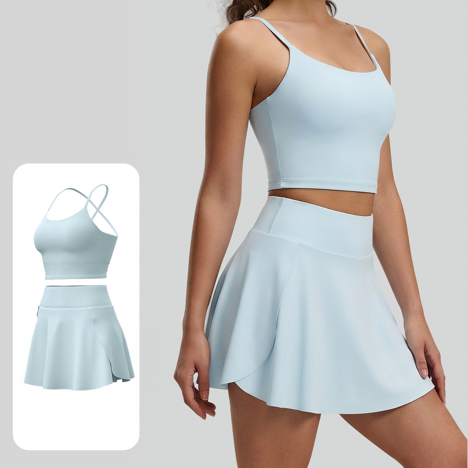 Women Crisscross Back Cami Yoga 2Pcs Set Top 5 Colors Tennis Skirt 5 Colors, YFJYMN236+YFJYMQ089