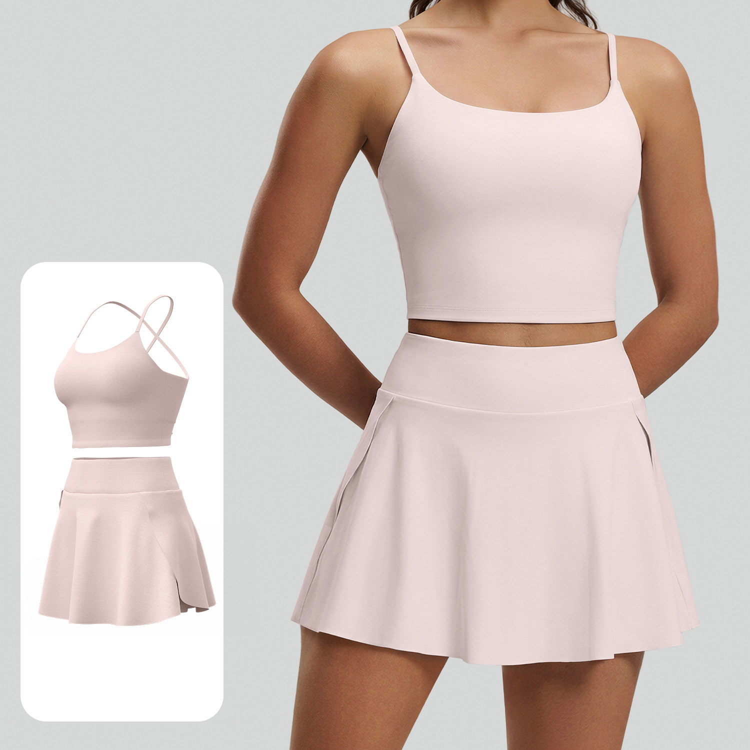 Women Crisscross Back Cami Yoga 2Pcs Set Top 5 Colors Tennis Skirt 5 Colors, YFJYMN236+YFJYMQ089