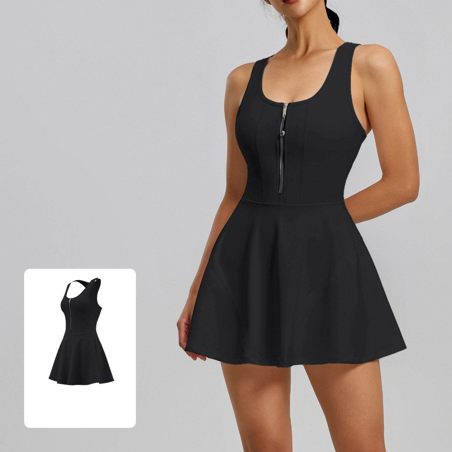 Women Sleeveless Front Zip One Piece Tennis Dress 4 Colors, U Neck Built-in Fixed Chest Pad High Waist Skort Jumpsuit, YFJYMQ041