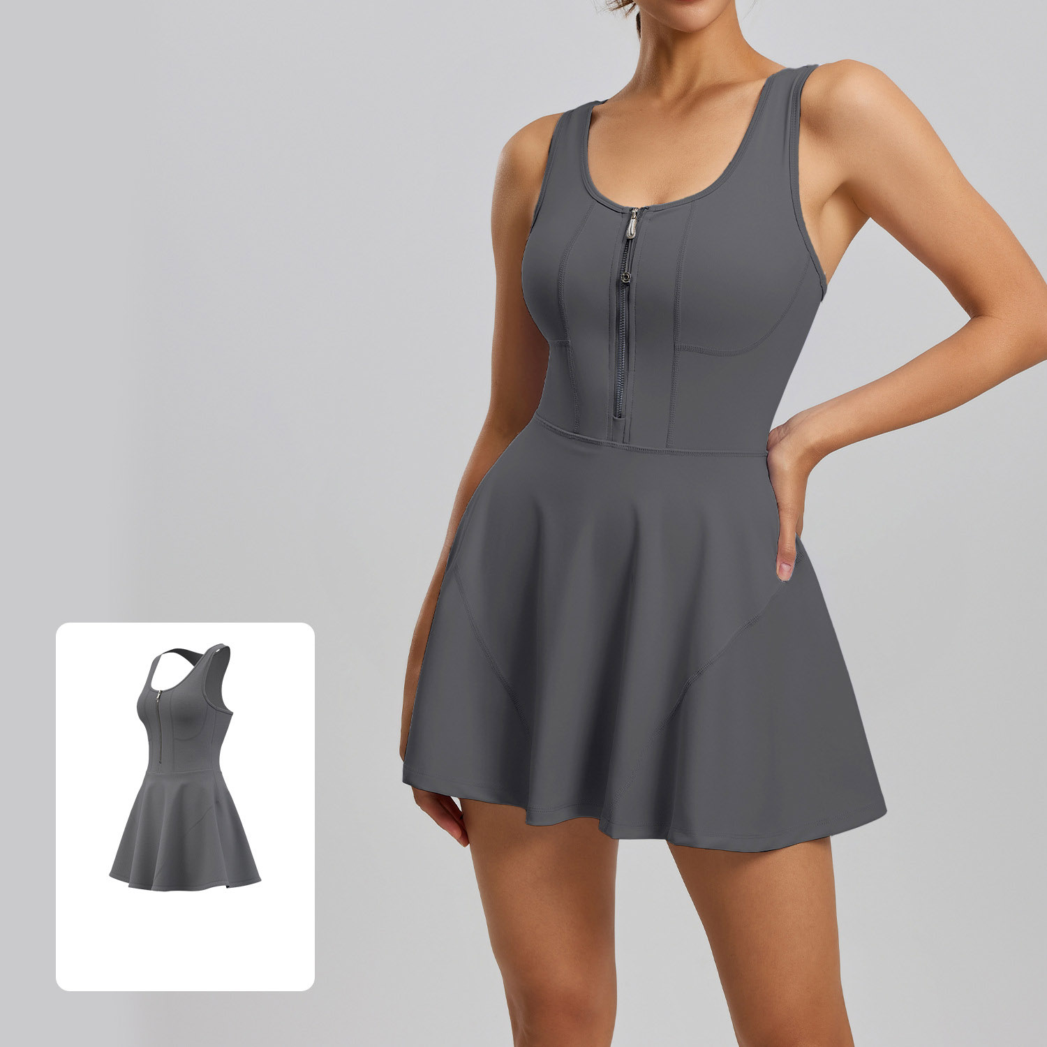 Women Sleeveless Front Zip One Piece Tennis Dress 4 Colors, U Neck Built-in Fixed Chest Pad High Waist Skort Jumpsuit, YFJYMQ041