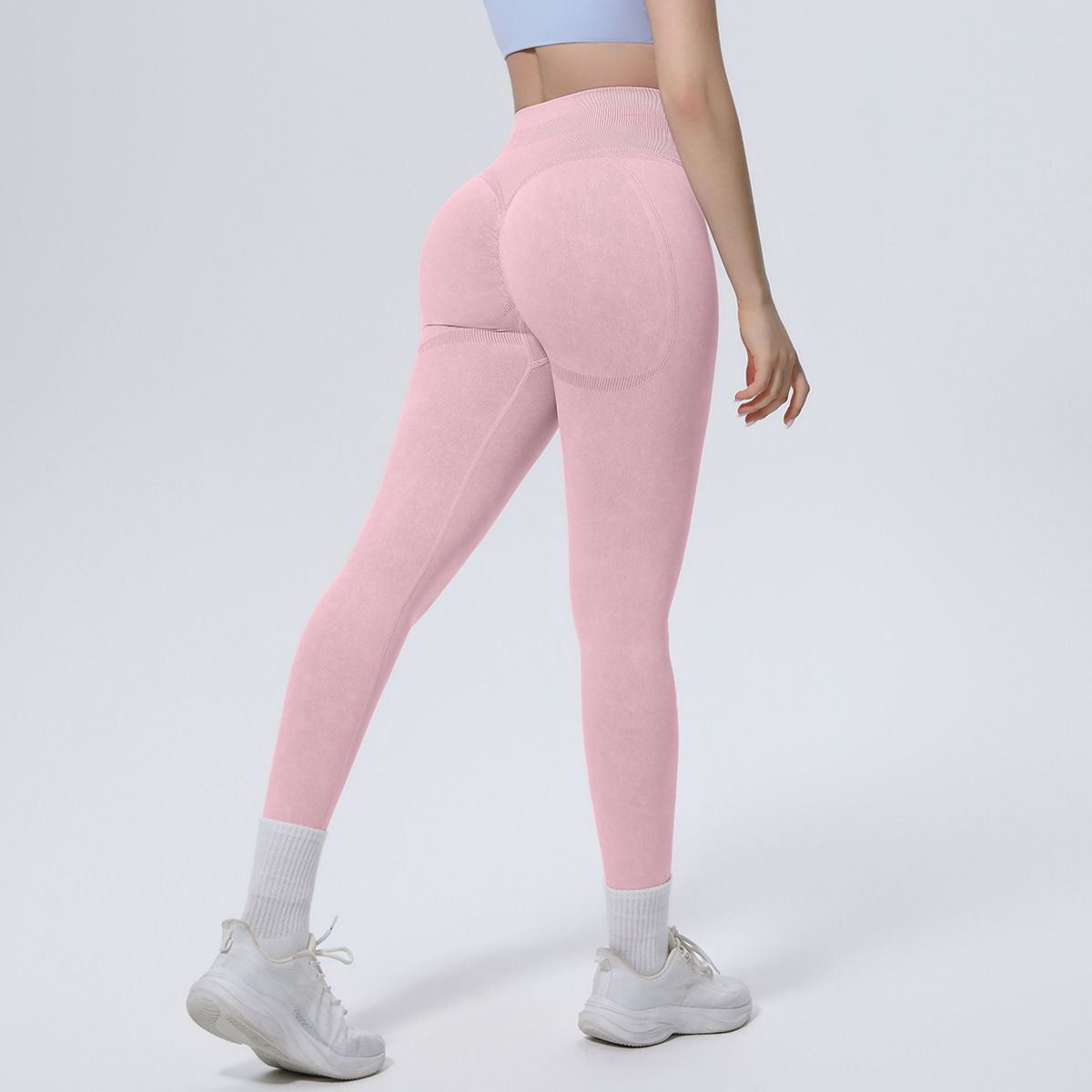 Women High Waist Seamless Washed Nylon Yoga Leggings 5 Colors, Peach Butt Lifting Tummy Control 9/10 Length Slim Running Fitness Pants, YFYS6717