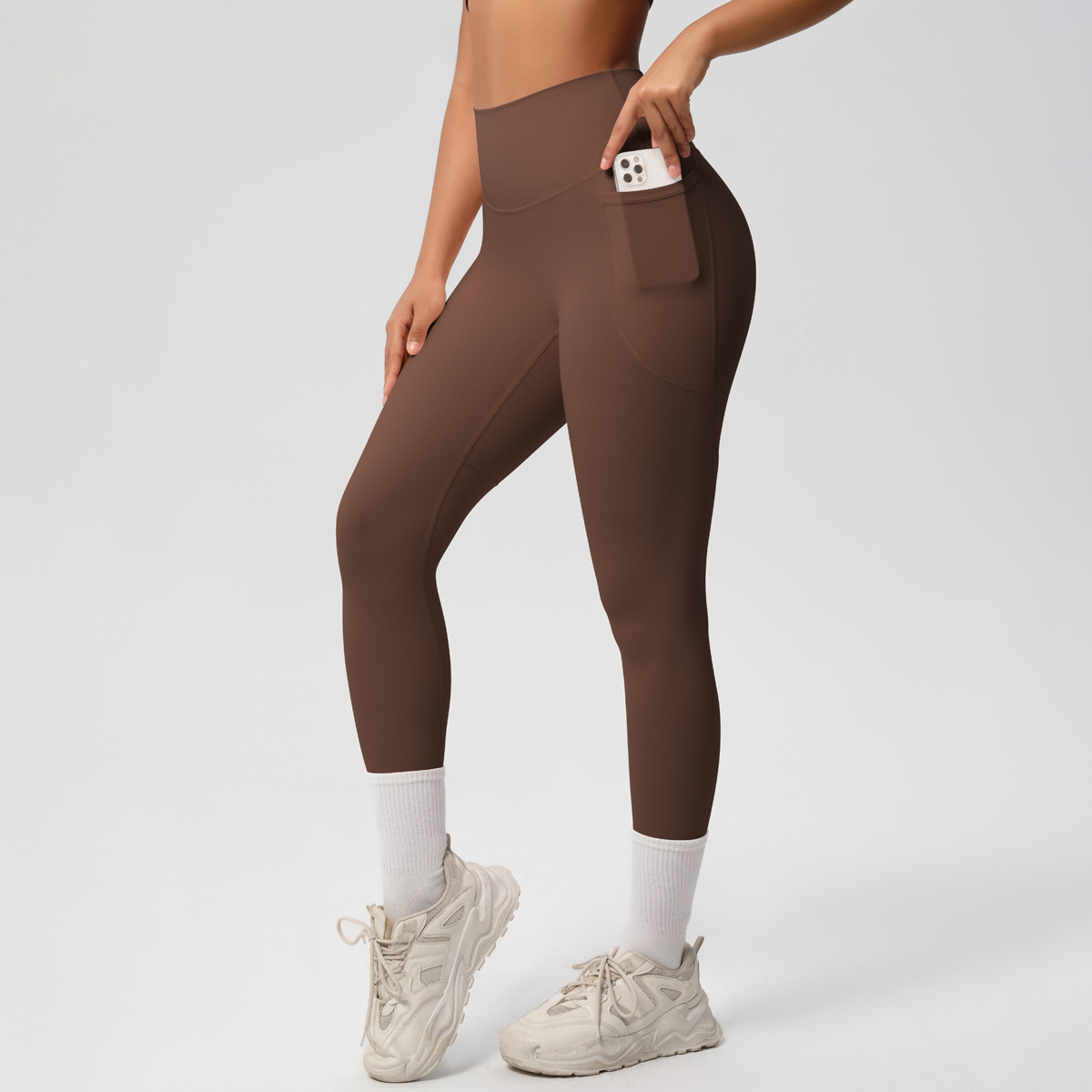 Women High Waist Side Pocket Double Sided Brushed Nude Soft 9/10 Yoga Leggings 10 Colors, 80% Nylon 20% Spandex Tummy Control Slim Running Fitness Pants, YFYS7108