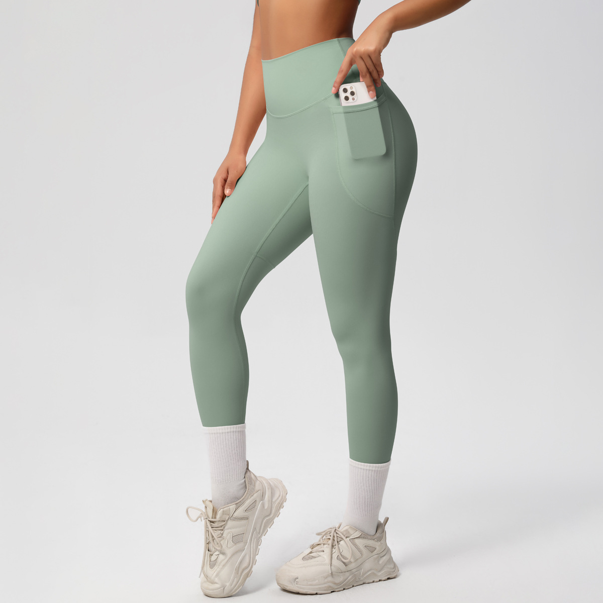 Women High Waist Side Pocket Double Sided Brushed Nude Soft 9/10 Yoga Leggings 10 Colors, 80% Nylon 20% Spandex Tummy Control Slim Running Fitness Pants, YFYS7108