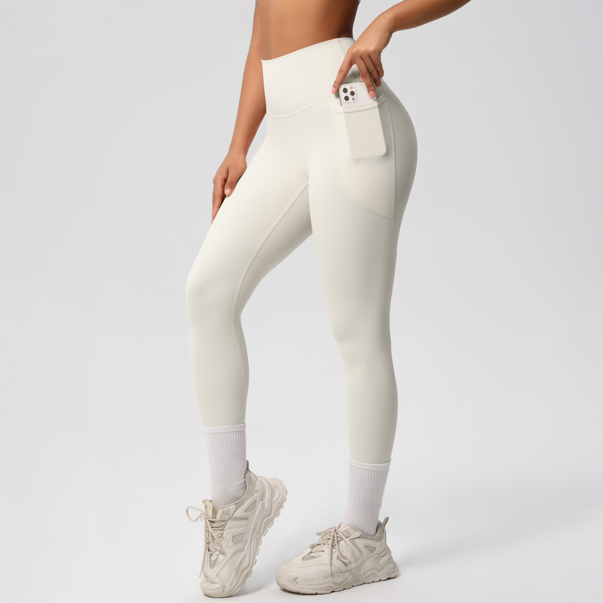 Women High Waist Side Pocket Double Sided Brushed Nude Soft 9/10 Yoga Leggings 10 Colors, 80% Nylon 20% Spandex Tummy Control Slim Running Fitness Pants, YFYS7108