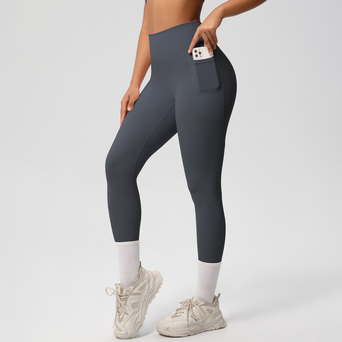 Women High Waist Side Pocket Double Sided Brushed Nude Soft 9/10 Yoga Leggings 10 Colors, 80% Nylon 20% Spandex Tummy Control Slim Running Fitness Pants, YFYS7108