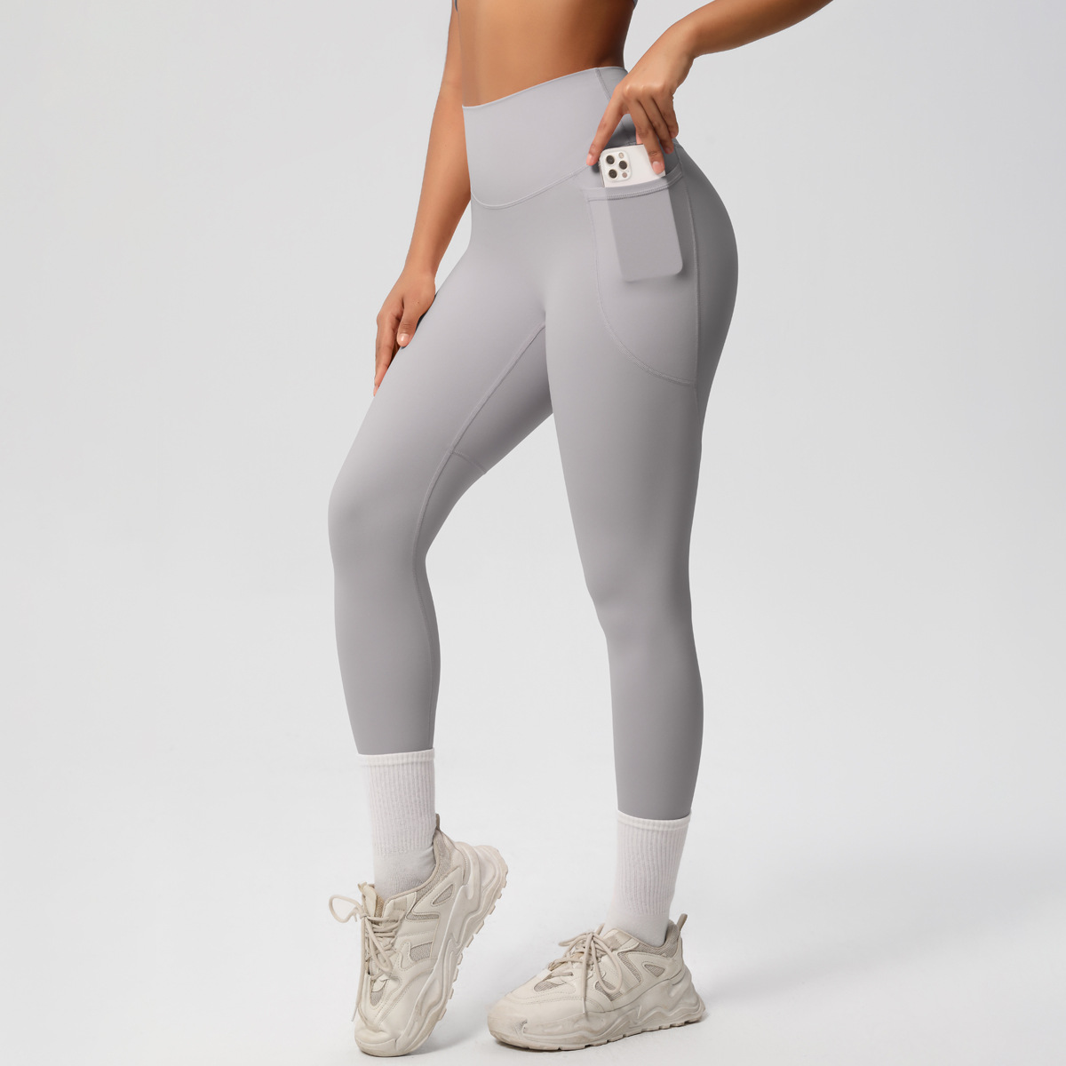 Women High Waist Side Pocket Double Sided Brushed Nude Soft 9/10 Yoga Leggings 10 Colors, 80% Nylon 20% Spandex Tummy Control Slim Running Fitness Pants, YFYS7108