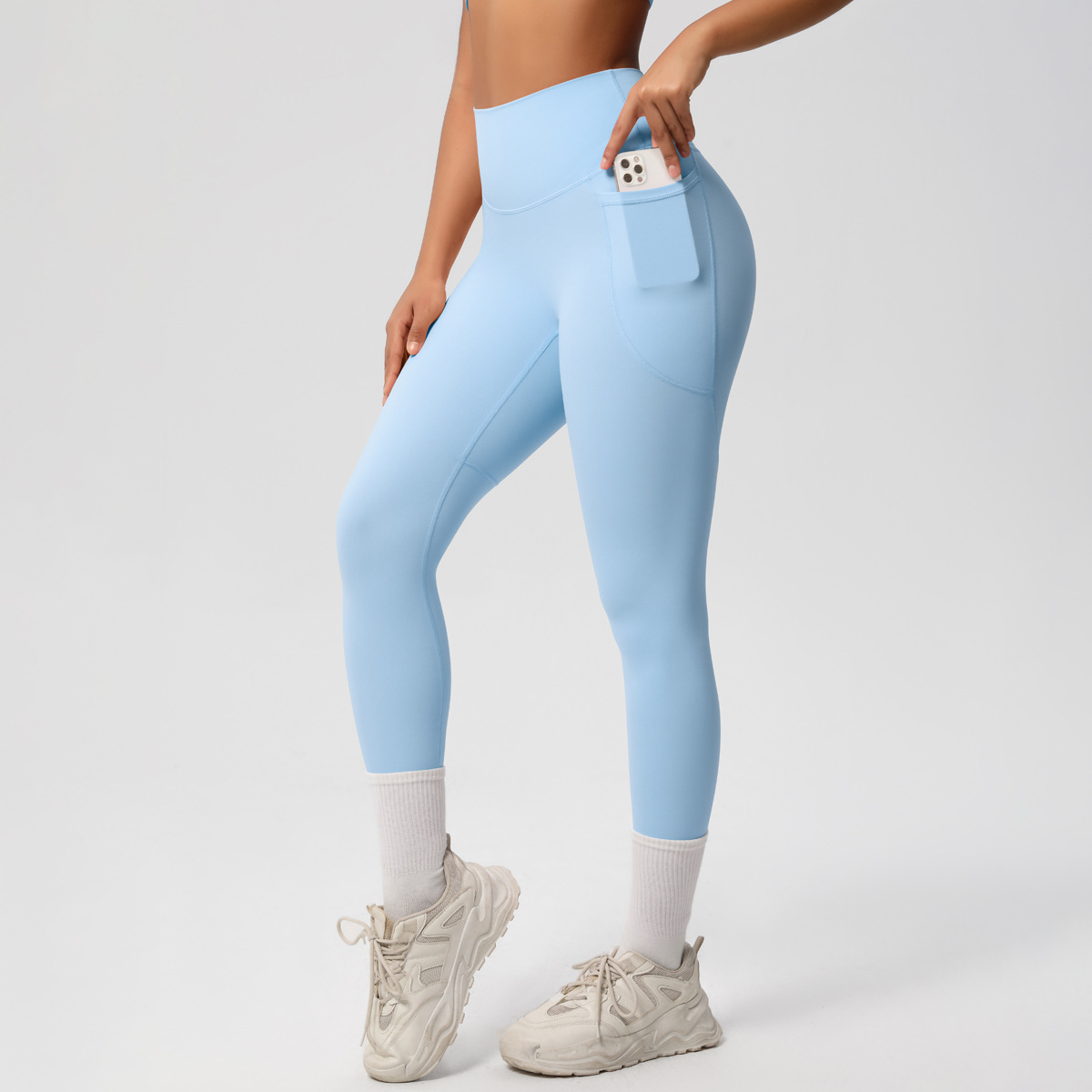 Women High Waist Side Pocket Double Sided Brushed Nude Soft 9/10 Yoga Leggings 10 Colors, 80% Nylon 20% Spandex Tummy Control Slim Running Fitness Pants, YFYS7108