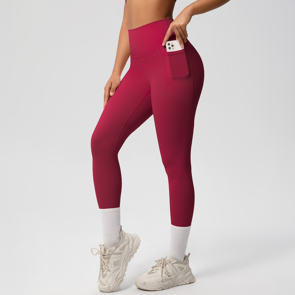 Women High Waist Side Pocket Double Sided Brushed Nude Soft 9/10 Yoga Leggings 10 Colors, 80% Nylon 20% Spandex Tummy Control Slim Running Fitness Pants, YFYS7108