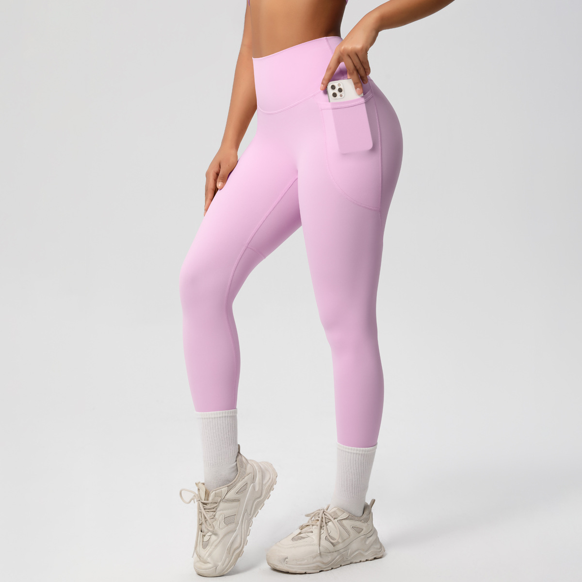 Women High Waist Side Pocket Double Sided Brushed Nude Soft 9/10 Yoga Leggings 10 Colors, 80% Nylon 20% Spandex Tummy Control Slim Running Fitness Pants, YFYS7108