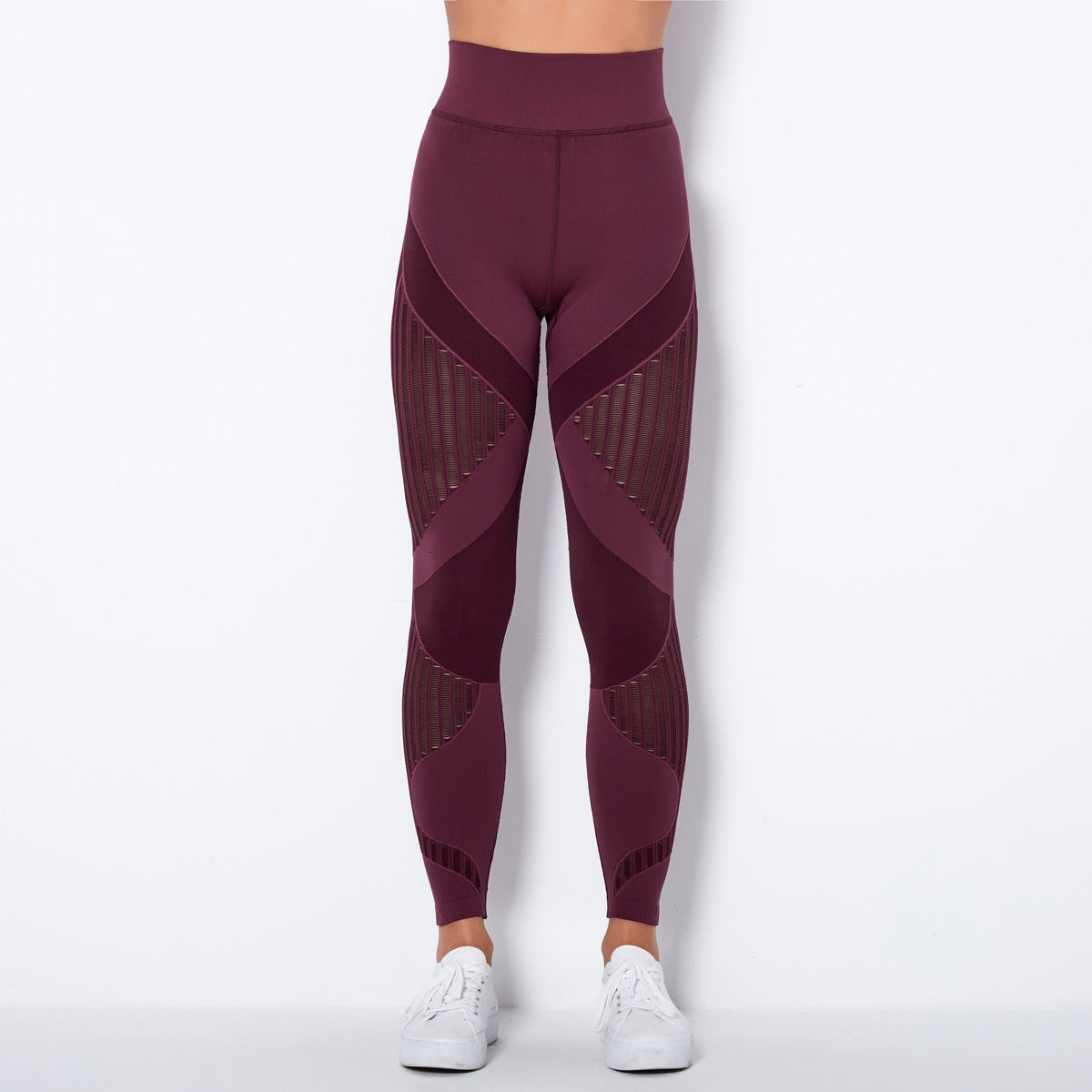 Medium Support Gym Leggings 10 Colors, High Rise Anti Roll Waist Geometric Striped Seamless Hip Lifting Slim Fit Athletic Training Pants, YFYS6301