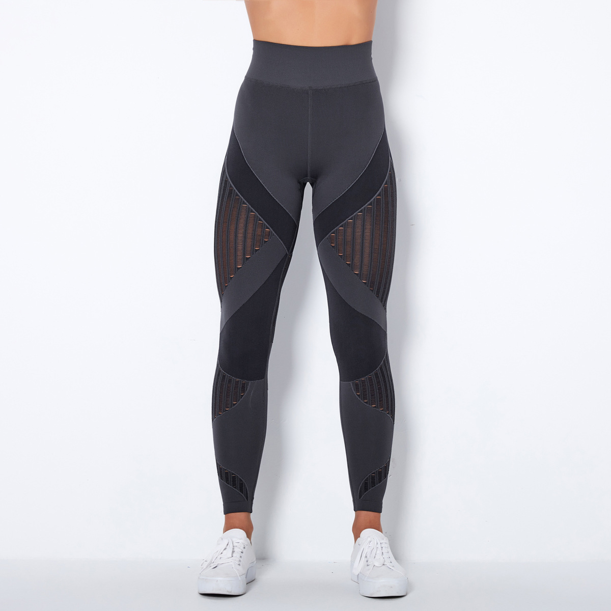 Medium Support Gym Leggings 10 Colors, High Rise Anti Roll Waist Geometric Striped Seamless Hip Lifting Slim Fit Athletic Training Pants, YFYS6301