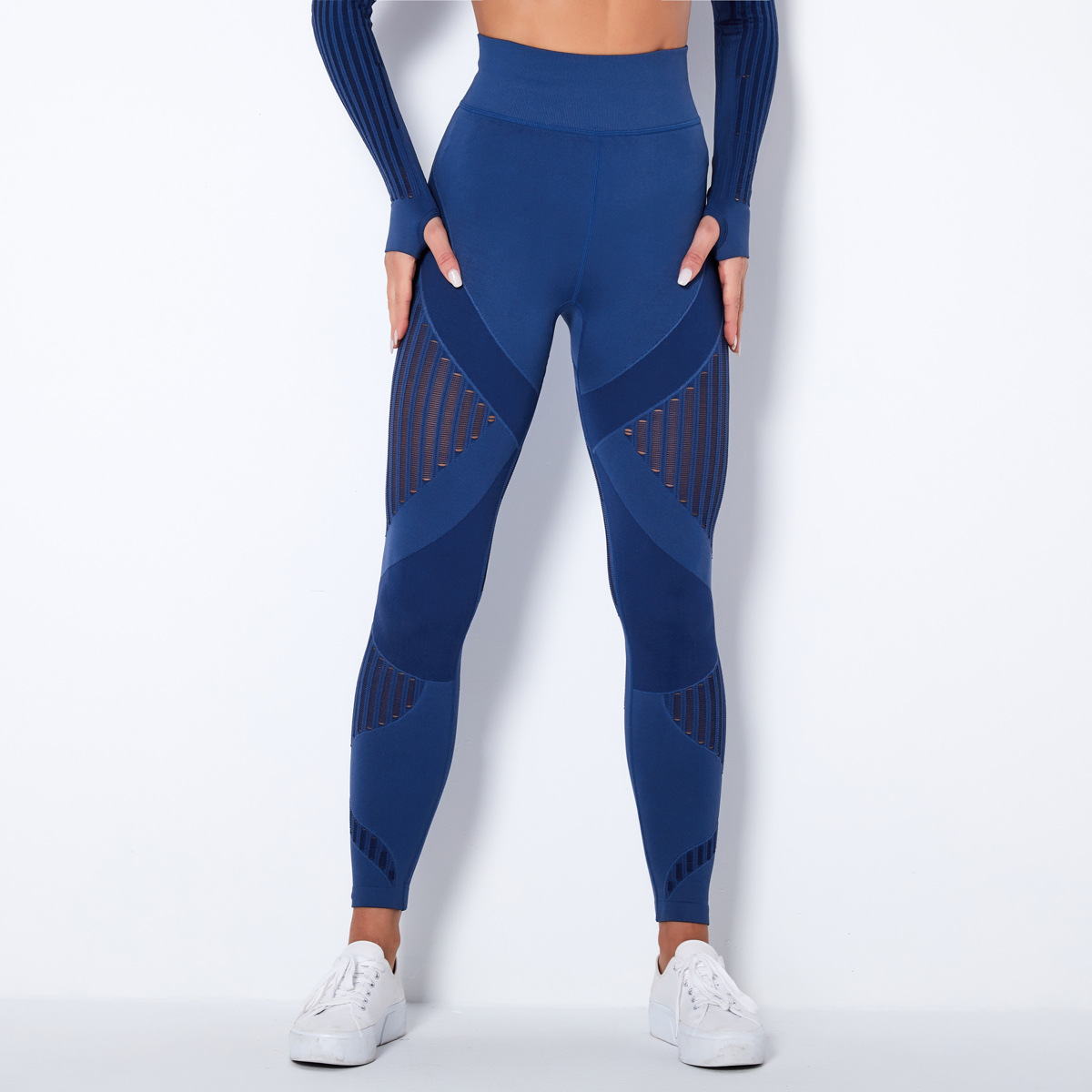 Medium Support Gym Leggings 10 Colors, High Rise Anti Roll Waist Geometric Striped Seamless Hip Lifting Slim Fit Athletic Training Pants, YFYS6301