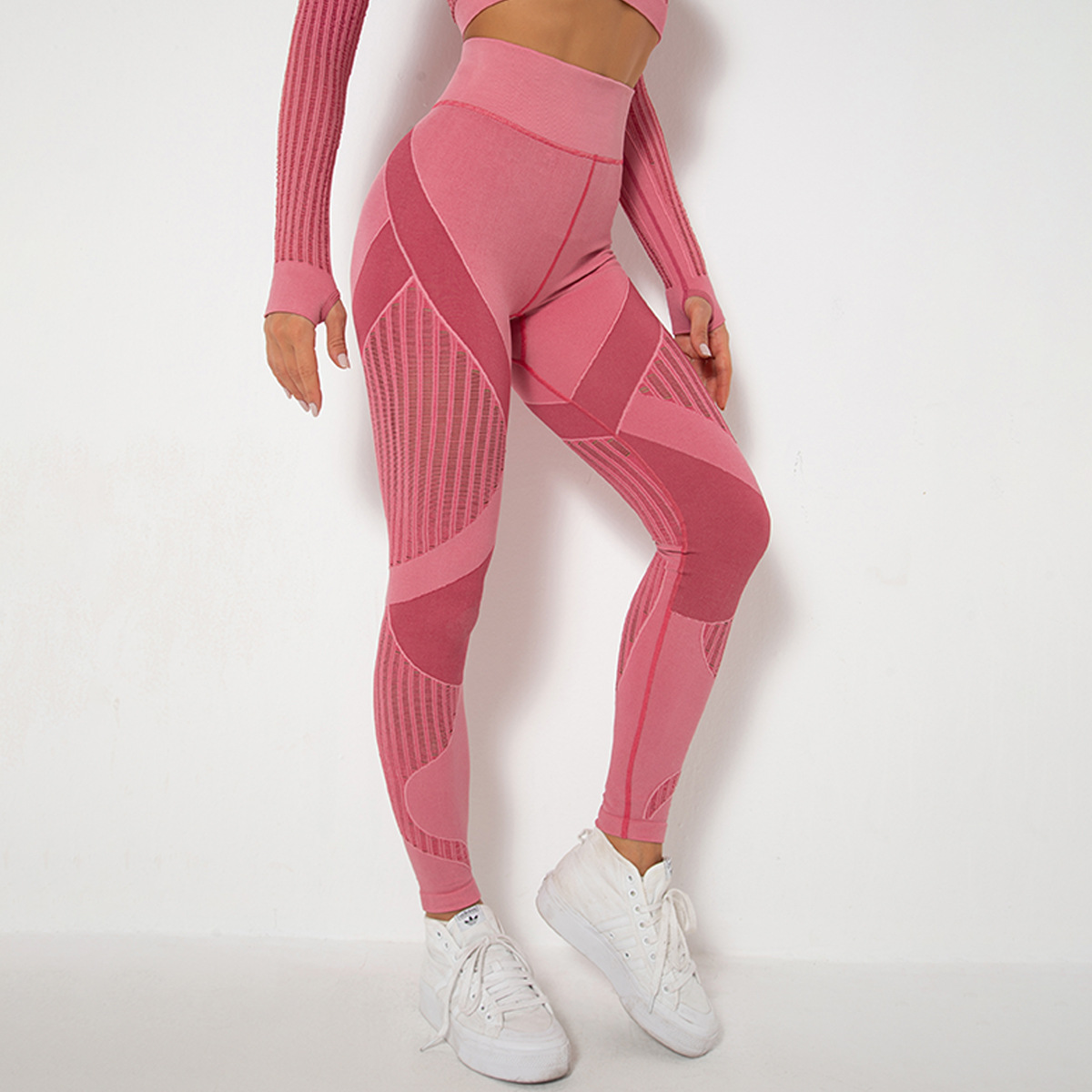 Medium Support Gym Leggings 10 Colors, High Rise Anti Roll Waist Geometric Striped Seamless Hip Lifting Slim Fit Athletic Training Pants, YFYS6301