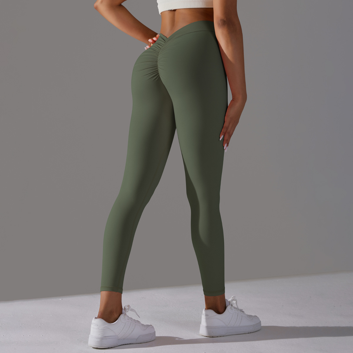Women V Cut Ruched Butt Double Sided Brushed Nude Soft 9/10 Yoga Leggings 10 Colors, 75% Nylon 25% Spandex Tummy Control Slim Running Fitness Pants, YFYS6626