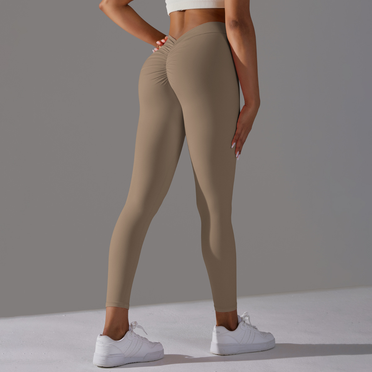 Women V Cut Ruched Butt Double Sided Brushed Nude Soft 9/10 Yoga Leggings 10 Colors, 75% Nylon 25% Spandex Tummy Control Slim Running Fitness Pants, YFYS6626