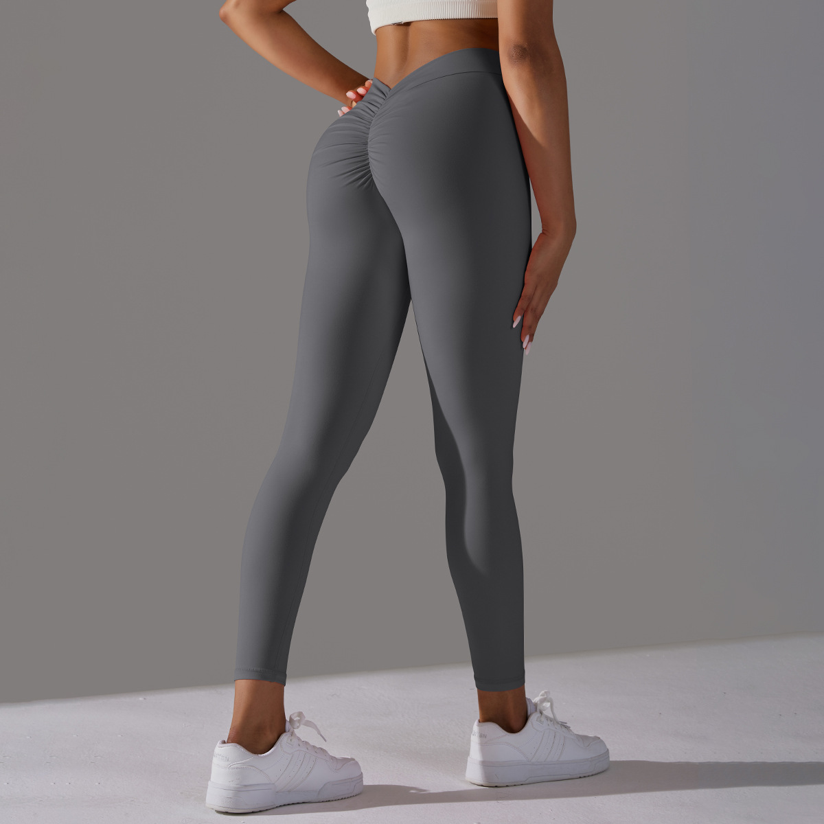 Women V Cut Ruched Butt Double Sided Brushed Nude Soft 9/10 Yoga Leggings 10 Colors, 75% Nylon 25% Spandex Tummy Control Slim Running Fitness Pants, YFYS6626