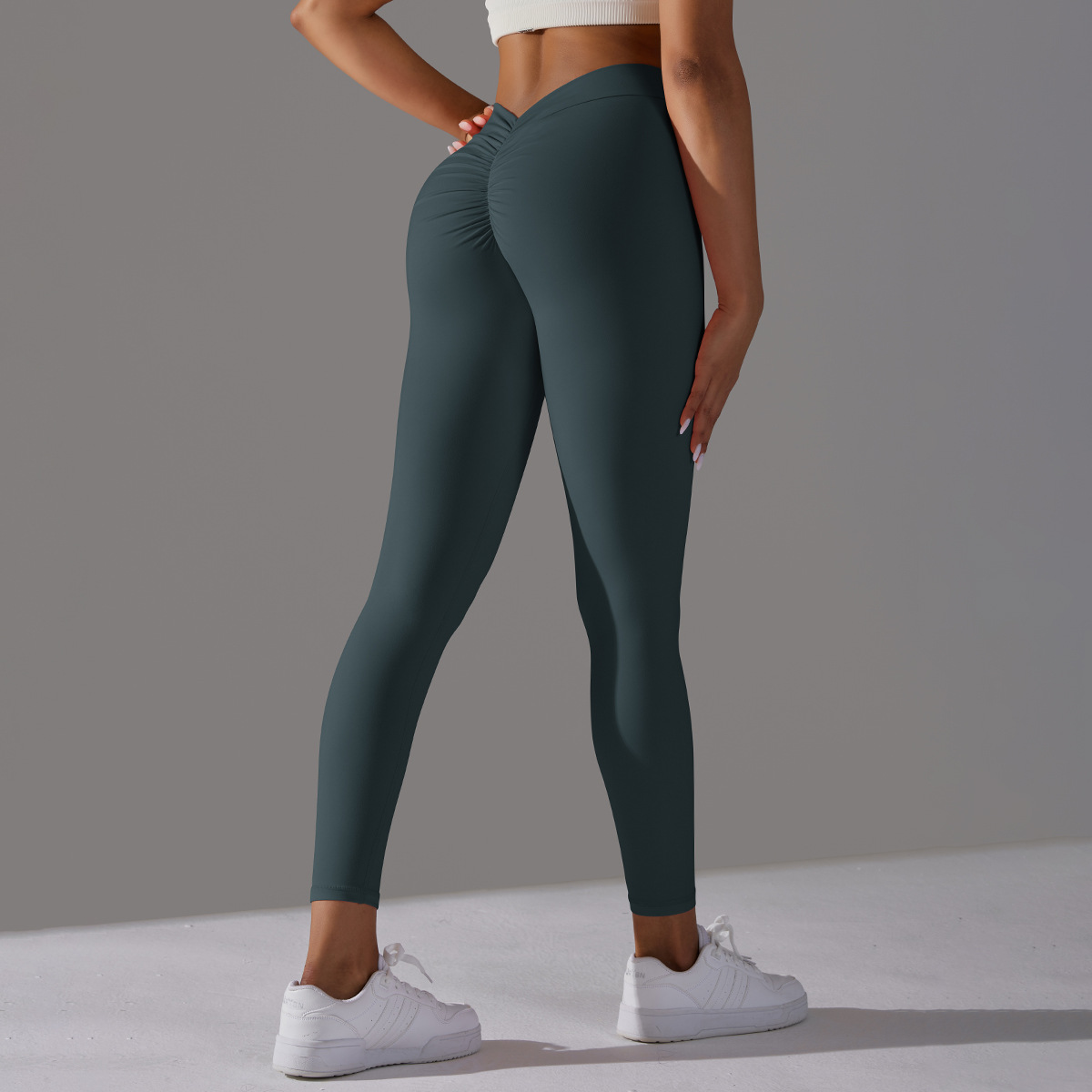 Women V Cut Ruched Butt Double Sided Brushed Nude Soft 9/10 Yoga Leggings 10 Colors, 75% Nylon 25% Spandex Tummy Control Slim Running Fitness Pants, YFYS6626
