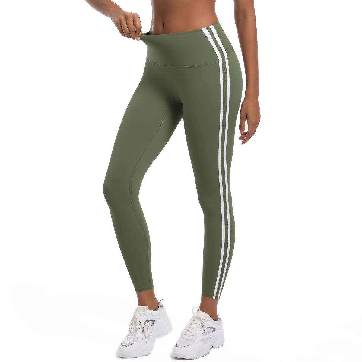 Women High Waist Dual Side White Striped Peach Butt 9/10 Yoga Leggings 5 Colors, 75% Nylon 25% Spandex Tummy Control Slim Running Fitness Pants, YFYS6683