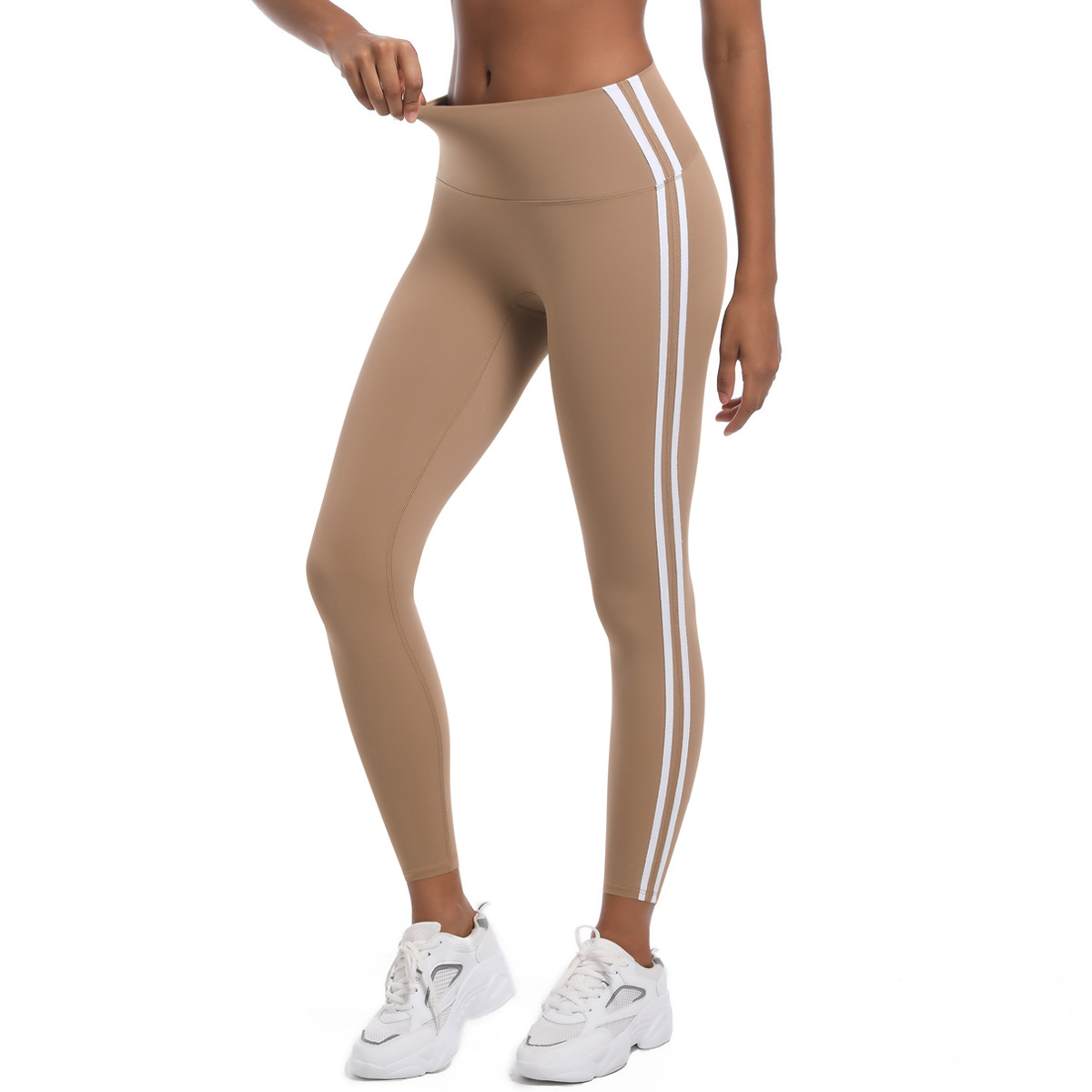 Women High Waist Dual Side White Striped Peach Butt 9/10 Yoga Leggings 5 Colors, 75% Nylon 25% Spandex Tummy Control Slim Running Fitness Pants, YFYS6683